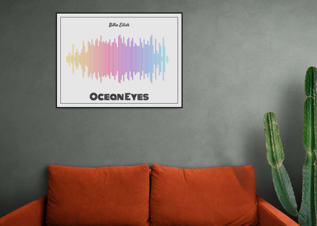 Billie Eilish 'Ocean Eyes' Soundwave Poster - Rainbow Colors on Off-White Background